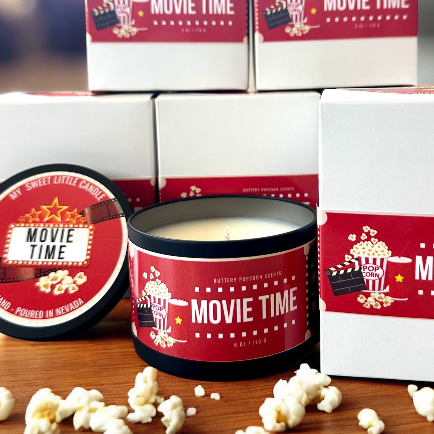 Movie Time  Soy Candle:  Buttery Popcorn Scent, 6 oz