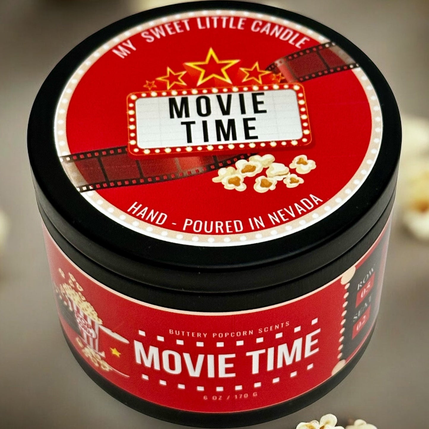 Movie Time  Soy Candle:  Buttery Popcorn Scent, 6 oz