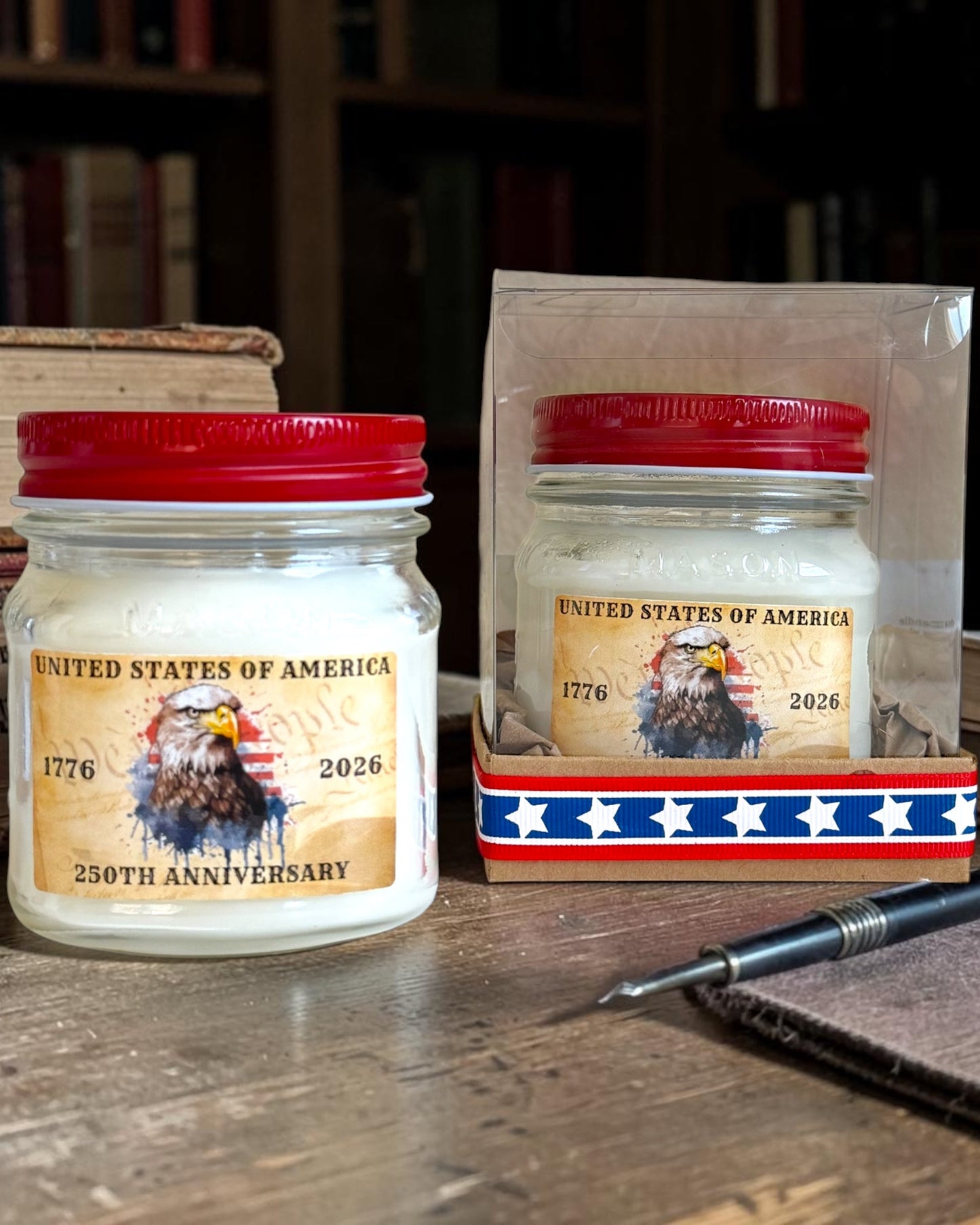 USA 250th Anniversary Soy Candle: Old Library Scent, Leather Teakwood (Limited Edition)