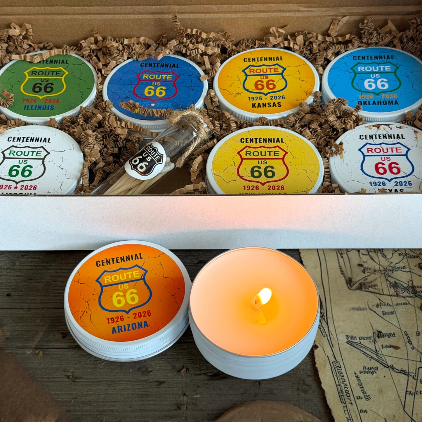 Route 66 Road Trip Candle Tin Set : 8 Pieces Limited Centennial Edition, Gift Box