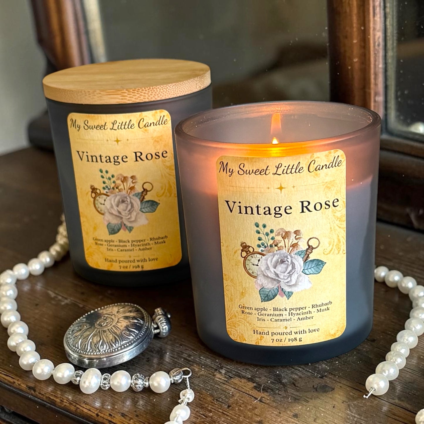 Vintage Rose Soy Candle: Old Perfume Powder & Floral Scent, 7 oz