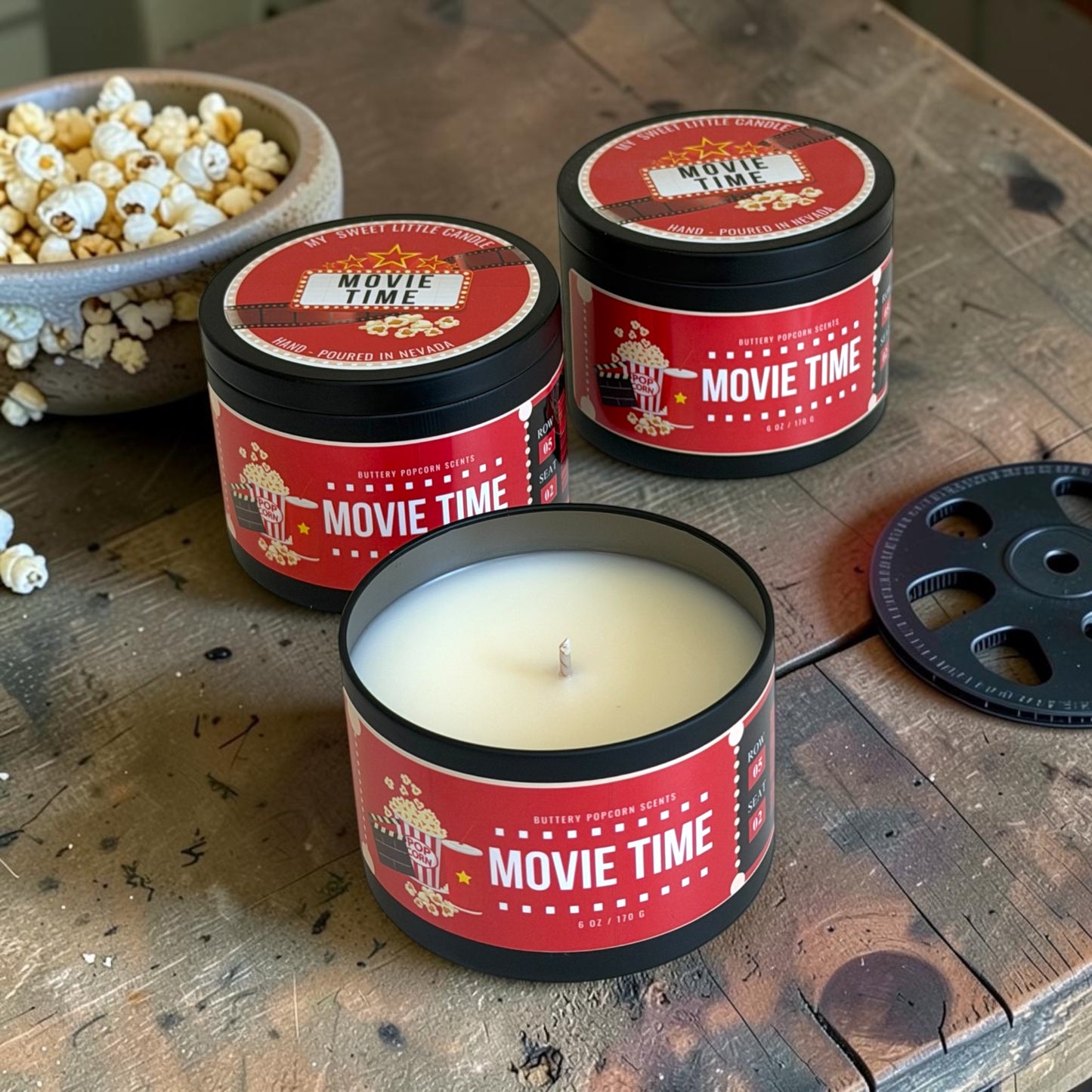 Movie Time  Soy Candle:  Buttery Popcorn Scent, 6 oz