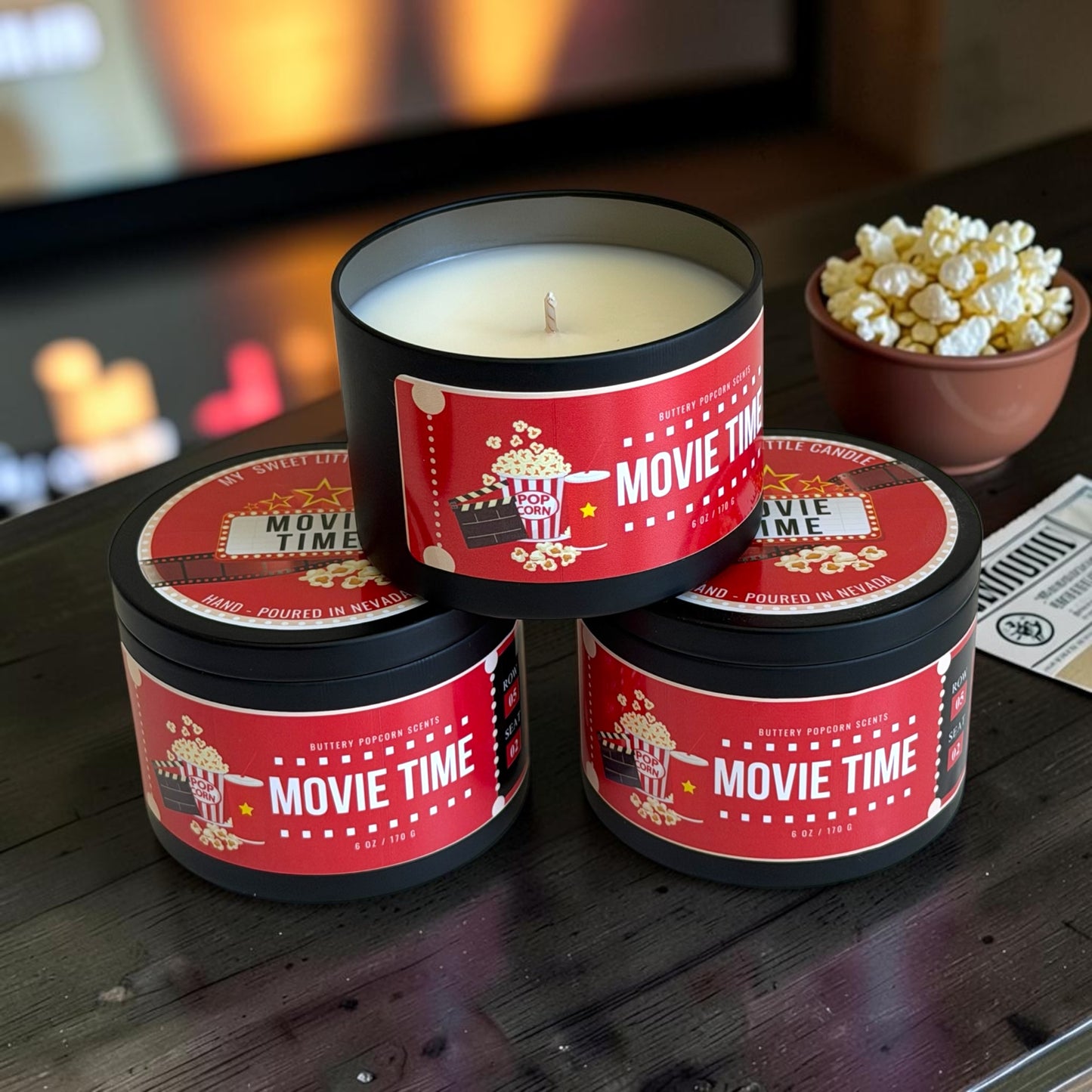 Movie Time  Soy Candle:  Buttery Popcorn Scent, 6 oz